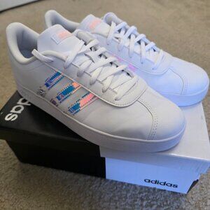 Adidas VL Court 2.0K White Shoes with Iridescent Stripes (KIDS 7/WOMEN'S 8.5-9)